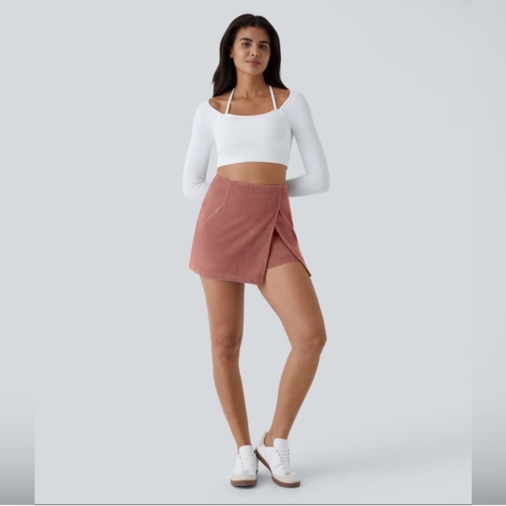 High Waisted Back Zipper Hem 2-in-1 Corduroy Casual Skirt